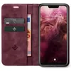 A flip-style phone case is shown open, revealing card slots and a phone screen displaying the time and date. Produktbild-Vorschau