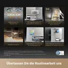 A collage of six images showcasing different features of a robot vacuum cleaner, with accompanying German text descriptions. Produktbild-Vorschau