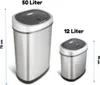 Two sensor trash cans of different sizes are shown side-by-side with their dimensions indicated. Produktbild-Vorschau