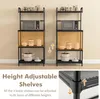 Two identical black metal kitchen shelves with items on them, with text and diagrams explaining features. Náhled obrázku produktu