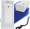 A white bathtub and its accessories are displayed against a blue and white background. Produktbild-Vorschau