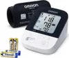 A white blood pressure monitor with its cuff and batteries are displayed on a white background. Anteprima dell’immagine prodotto