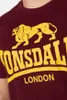 A close-up of a maroon t-shirt with a yellow lion logo and the text "Lonsdale London" printed on it. Produktbild-Vorschau