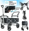 A collage of images showing a foldable wagon, its features, and how to fold it. Produktbild-Vorschau