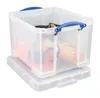 A transparent storage box with blue handles, filled with various items, is placed on its lid. Produktbild-Vorschau