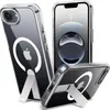 Three views of a clear iPhone case with a kickstand and MagSafe compatibility.
