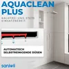 A promotional image for a Saniwii Aquaclean Plus showerhead, showcasing its features in a modern bathroom setting. Produktbild-Vorschau