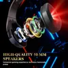 An exploded view of a gaming headset, highlighting its internal speaker components with colorful light effects, set against a dark, neon-lit background. Produktbild-Vorschau