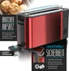 A red toaster with a bread roll attachment and safety information. Produktbild-Vorschau