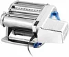 A chrome-plated electric pasta maker with a blue motor attachment and a black power cord plugged in. Podgląd zdjęcia produktu