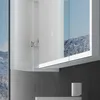 A modern bathroom cabinet with mirrored doors reflecting a snowy mountain landscape. Voir les images du produit
