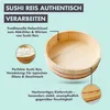 A wooden bowl for preparing sushi rice, with descriptive text and close-up views of the material. Produktbild-Vorschau