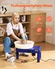 A woman is using a pottery wheel in a room with wooden furniture and shelves with vases. Náhľad obrázku produktu