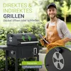 A man is standing next to a charcoal grill, holding tongs, with text overlays highlighting features. Náhľad obrázku produktu