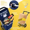 A collage of images showcasing a blue shopping trolley with various features and contents, including food and a cardboard box. Produktbild-Vorschau