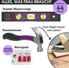 A collection of tools including a level, hammer, and a set of screws and wall plugs, presented with descriptive text. Produktbild-Vorschau
