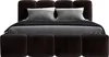 A dark brown upholstered bed with a headboard and footboard, shown with gray and white pillows and a dark gray blanket. Produktbild-Vorschau