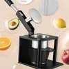 A manual juicer is shown with various fruits and a mesh screen, suggesting its versatility. Produktbild-Vorschau