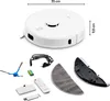 A collage of a white robot vacuum cleaner and its accessories, with measurement annotations. Produktbild-Vorschau