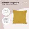 A yellow corduroy pillowcase is shown with descriptive text bubbles highlighting its features. Produktbild-Vorschau