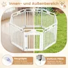 A split image showing a white pet playpen set up indoors on a wooden floor and outdoors on grass. Insets show suction cups and ground stakes. Produktbild-Vorschau