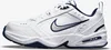 A white Nike Air Monarch IV shoe with navy accents is shown against a white background. Produktbild-Vorschau