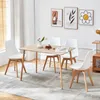 A dining set with a wooden table and four white chairs in a well-lit room. Voir les images du produit