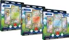 Three Pokemon TCG: Pokemon GO pin collection boxes are displayed side-by-side against a blurred background of green grass and blue sky. Podgląd zdjęcia produktu