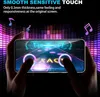 Hands holding a smartphone displaying a game with colorful graphics, against a background of abstract sound waves. Produktbild-Vorschau