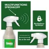 Collage of images showing a spray bottle and its features, including a multifunctional spray head, a lockable spray head, and spray distance. Produktbild-Vorschau