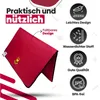 A red pet mat is shown folded in half, with marketing text and icons highlighting its features. Produktbild-Vorschau