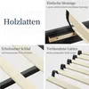 A collage of four images showcasing features of a bed frame, including assembly, comfort, and slat construction. Podgląd zdjęcia produktu