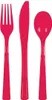 A set of red plastic cutlery (fork, knife, spoon) arranged side-by-side against a white background. Produktbild-Vorschau