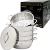 A stainless steel steamer pot set is displayed with its packaging in the background. Produktbild-Vorschau