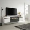 A modern living room setup featuring a wall-mounted TV stand with an integrated electric fireplace. Produktbild-Vorschau