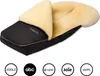 A black and cream colored baby footmuff with several brand logos at the bottom. Produktbild-Vorschau