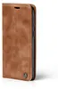 A brown flip cover phone case is shown from the side, with the cover partially open. Produktbild-Vorschau