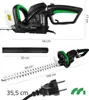A product image showing a hedge trimmer and its accessories with dimensions indicated. Náhľad obrázku produktu