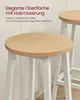 Close-up of two bar stools with wooden seats and white metal legs, with marketing text overlay. Produktbild-Vorschau