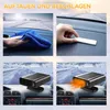 A collage of four images showing a car interior with a heater and related actions like cleaning the windshield. Produktbild-Vorschau