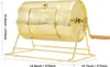 A golden lottery drum with a crank handle is shown on a white background. Dimensions are indicated with lines and text. Náhled obrázku produktu