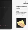 A close-up of an induction cooktop with marketing text and an image of a hand cleaning it. Produktbild-Vorschau