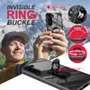 A man is holding a smartphone with a clear ring case in front of a mountain landscape. The image also includes close-ups and diagrams highlighting the features of the phone case. Produktbild-Vorschau