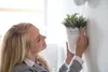 A woman is hanging a potted plant on a wall. Podgląd zdjęcia produktu