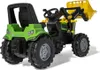 A green and black toy tractor with a yellow front loader, shown from a three-quarter front angle on a white background. Produktbild-Vorschau
