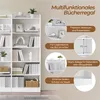 A white bookshelf with various items displayed on its shelves, accompanied by marketing text and diagrams. Produktbild-Vorschau