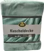 A folded aqua-colored blanket is presented on a light gray background, with a label wrapped around it. Produktbild-Vorschau