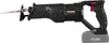 A black and gray cordless reciprocating saw with a blade attached, shown against a white background. A gray battery pack is attached to the bottom of the handle. Produktbild-Vorschau