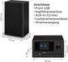 A product image showing a micro audio system and a speaker with dimensions and connection information. Produktbild-Vorschau