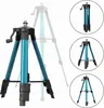 A collage of images showing a blue tripod for a laser level, with close-ups and different angles. Podgląd zdjęcia produktu